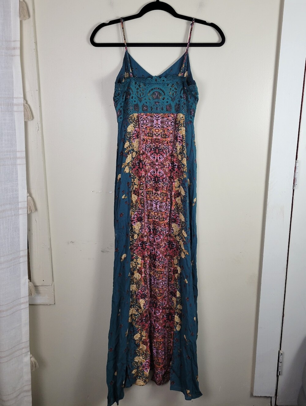 Free People Morning Song Teal Lace Detail Front Buttons Front Slit Maxi Dress - Picture 4 of 10